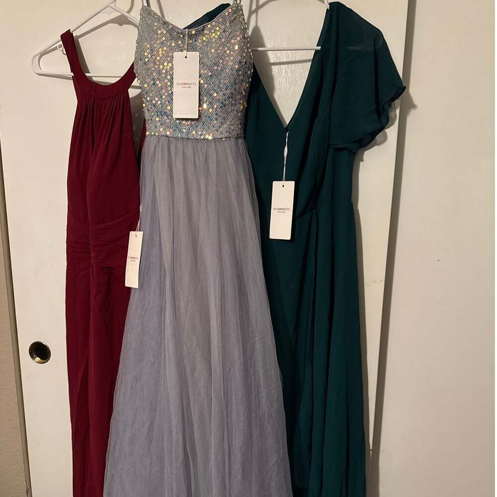 Lot 3 Ever-Pretty Dresses Size 12 NWT Sequin Tulle Gown Burgundy Green Chiffon